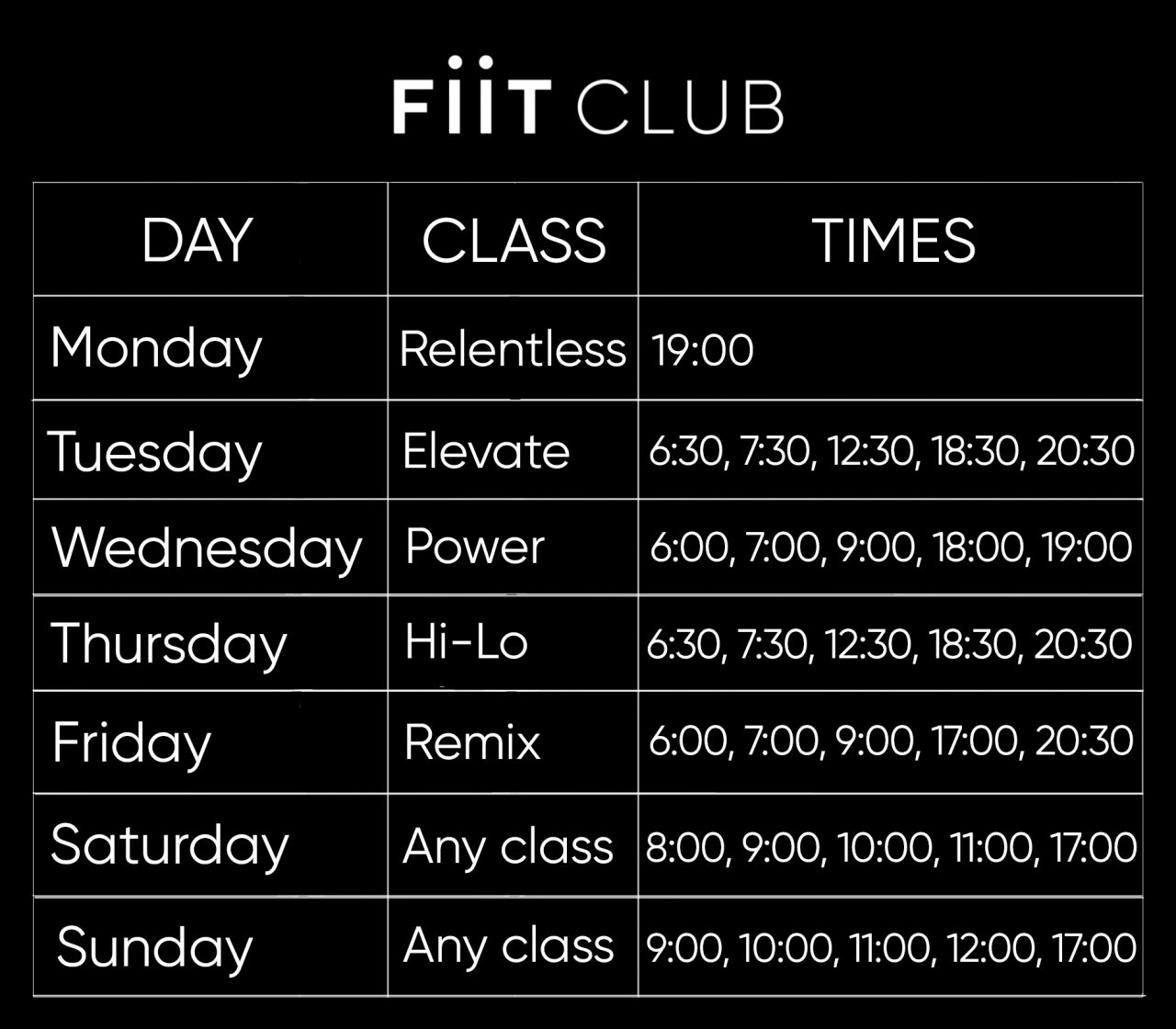 Weekly Fiit Club class schedule