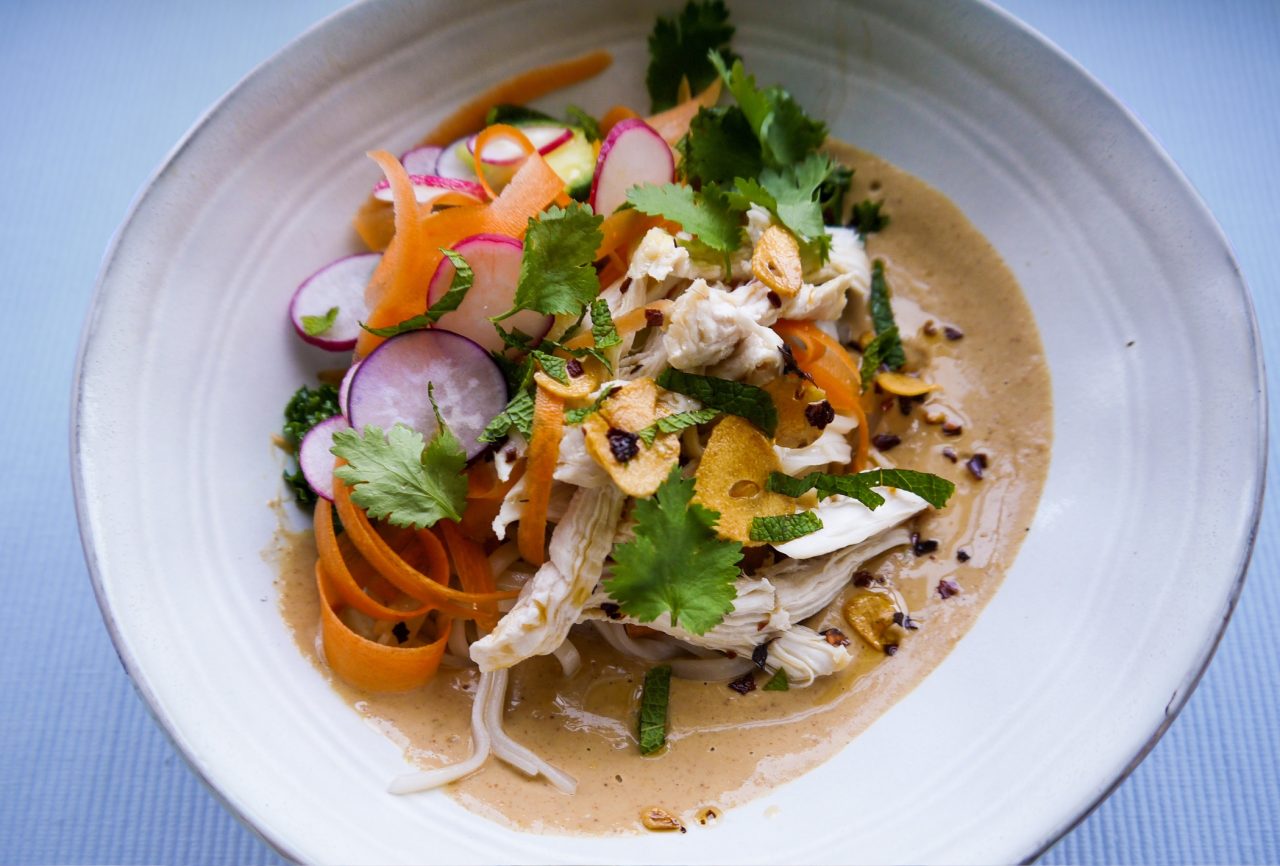 Peanut noodles with ginger chicken and chilli crisp